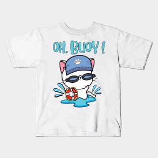 Funny Angora Cat Goes Swimming with a Buoy - Pun Intended Kids T-Shirt